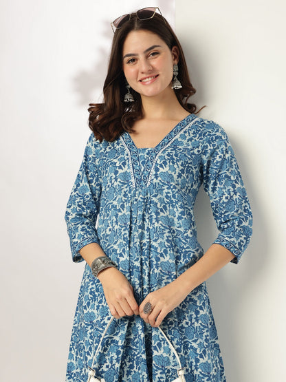Janasya Dark Cotton Floral A-Line Kurta Set