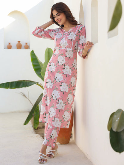 Janasya Light Cotton Floral Straight Kurta Set