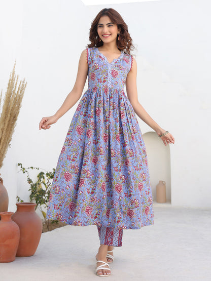 Janasya Dark Cotton Floral A-Line Kurta Set