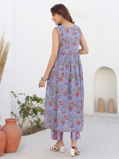 Janasya Dark Cotton Floral A-Line Kurta Set