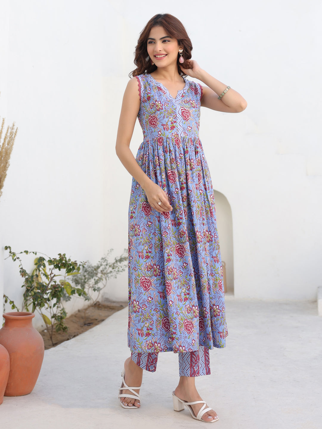 Janasya Dark Cotton Floral A-Line Kurta Set
