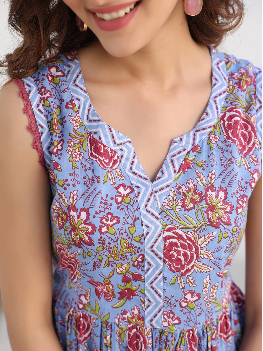 Janasya Dark Cotton Floral A-Line Kurta Set