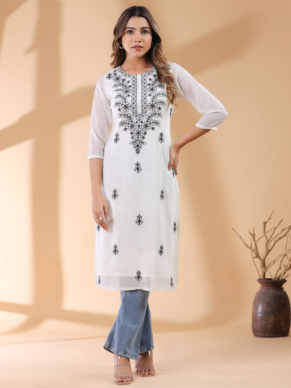 Janasya Dark Georgette Embroidered Straight Kurta