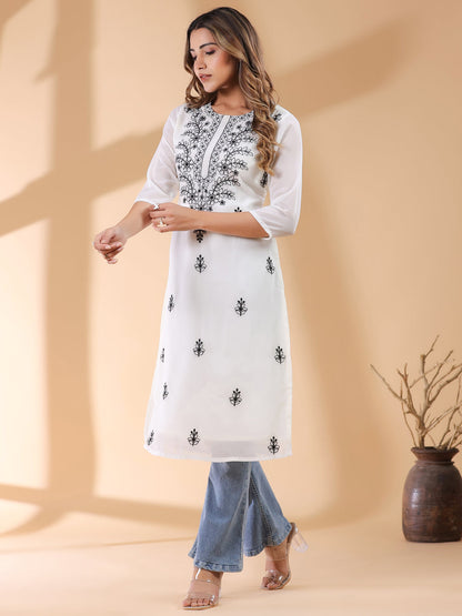 Janasya Dark Georgette Embroidered Straight Kurta