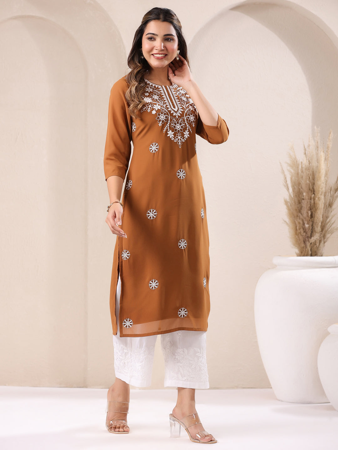 Janasya Dark Georgette Embroidered Straight Kurta