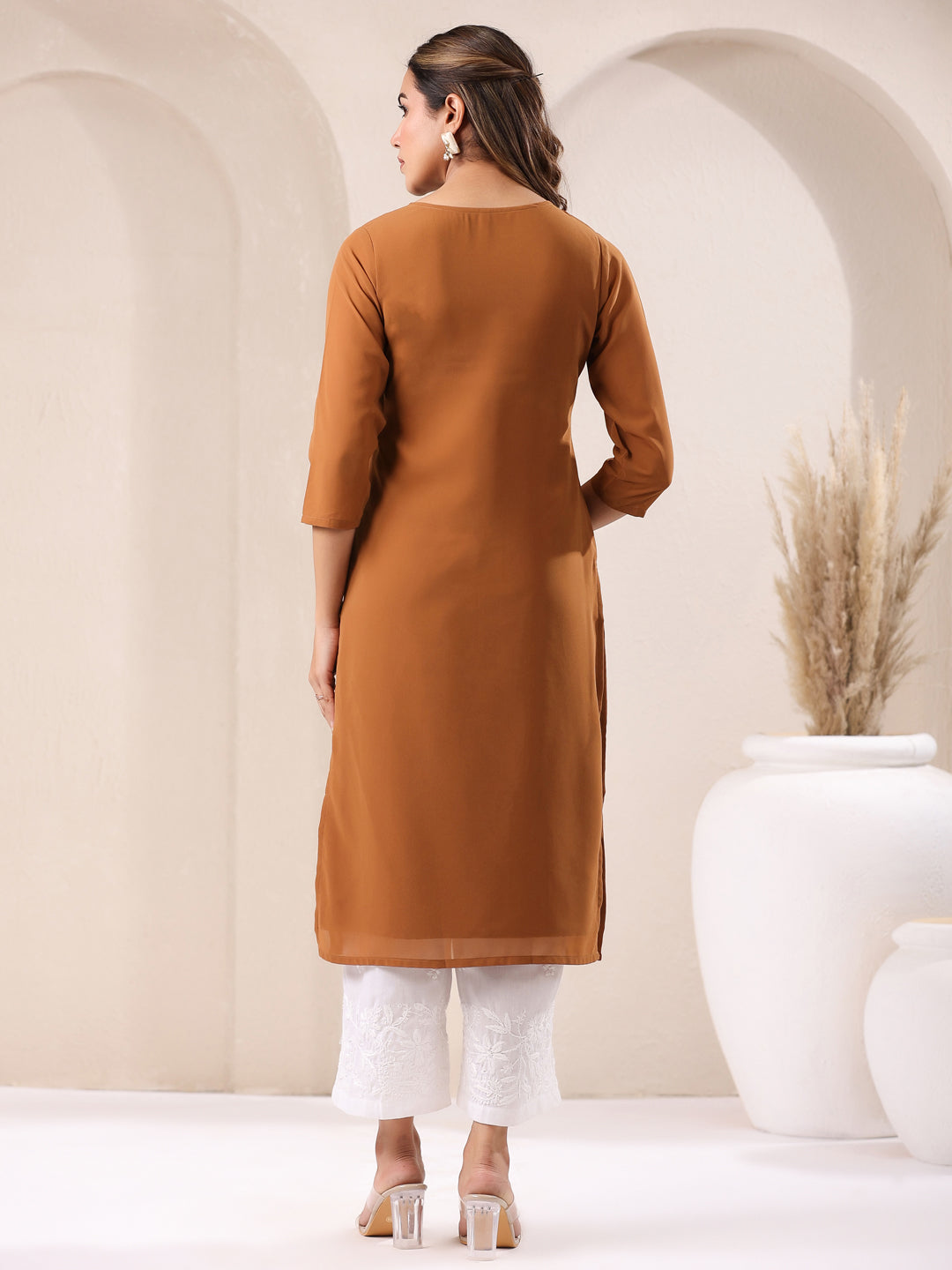 Janasya Dark Georgette Embroidered Straight Kurta