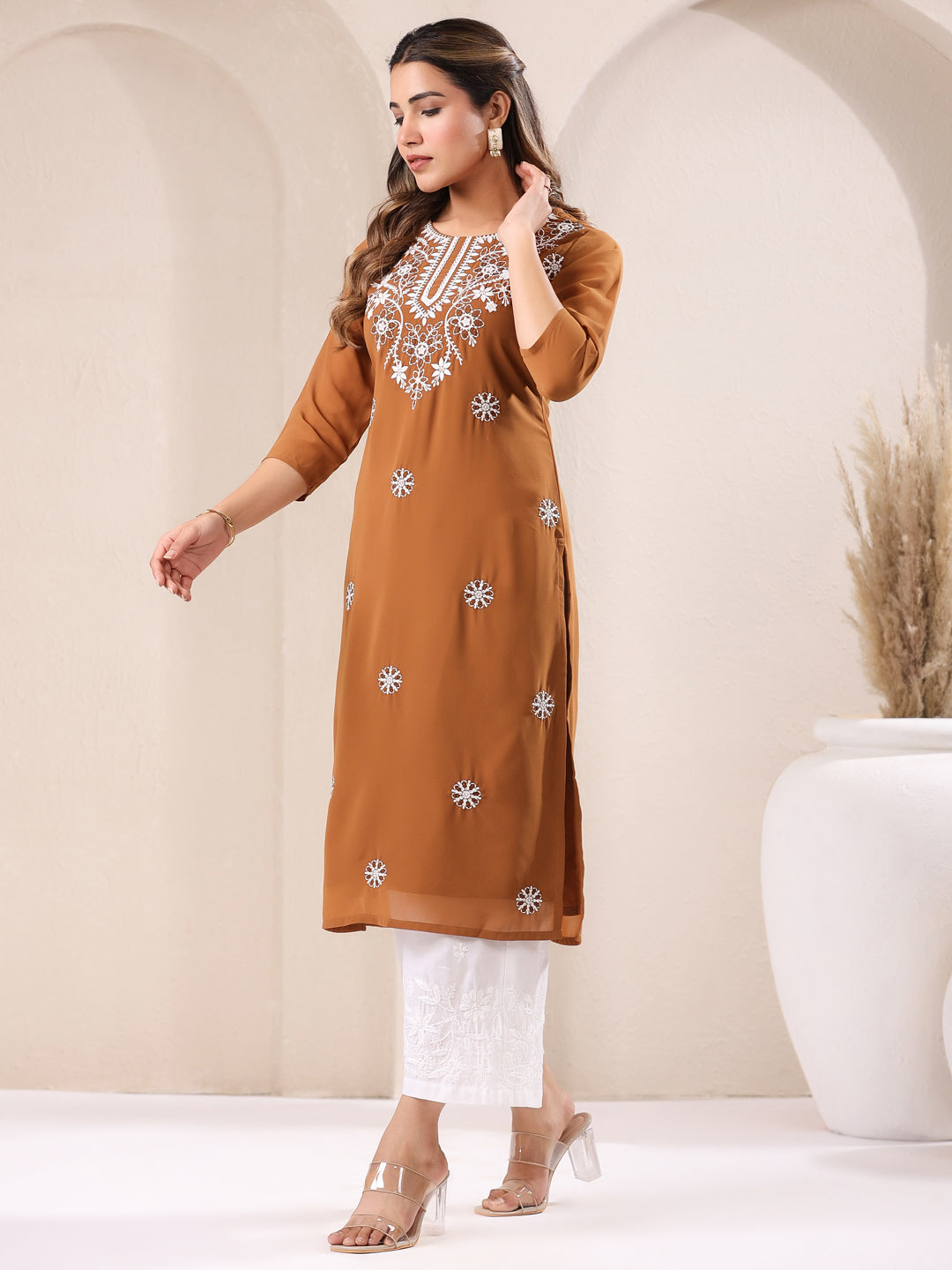 Janasya Dark Georgette Embroidered Straight Kurta