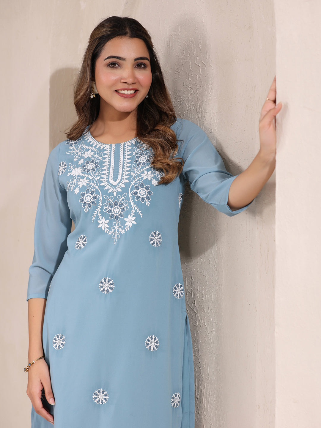 Janasya Bright Georgette Embroidered Straight Kurta