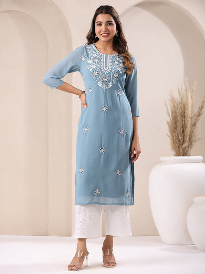 Janasya Bright Georgette Embroidered Straight Kurta