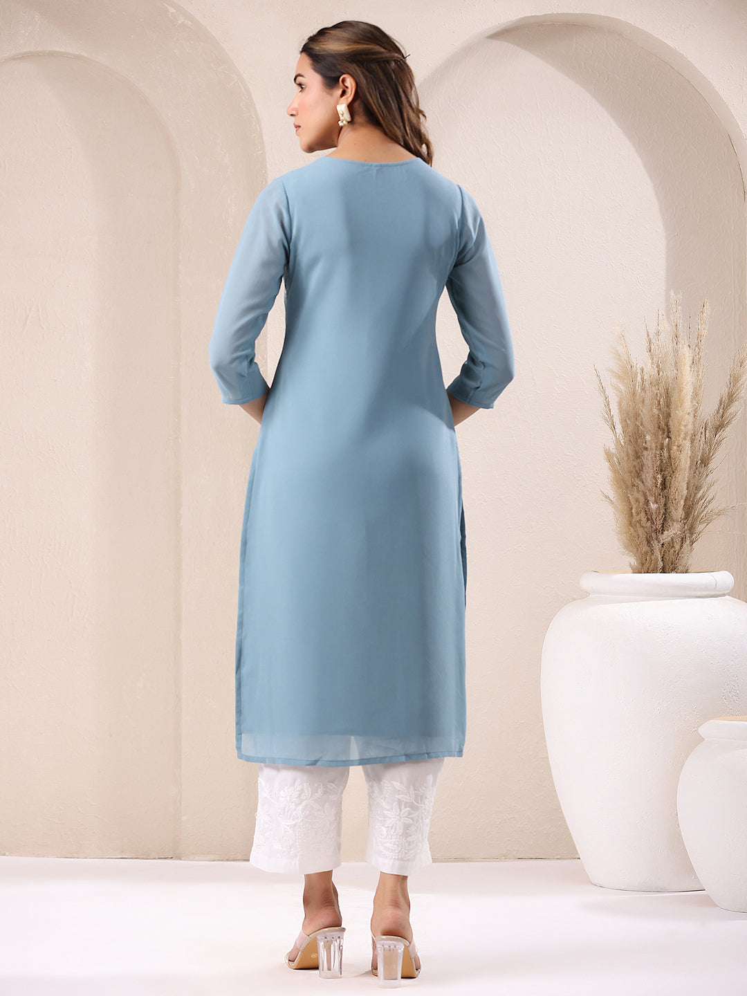 Janasya Bright Georgette Embroidered Straight Kurta