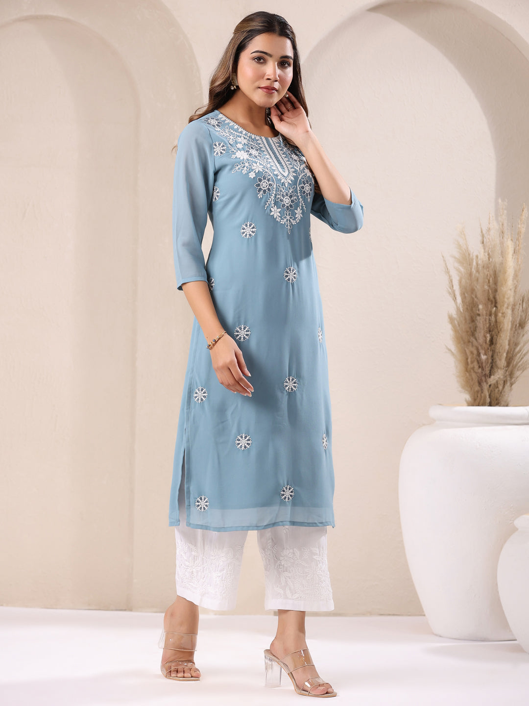 Janasya Bright Georgette Embroidered Straight Kurta