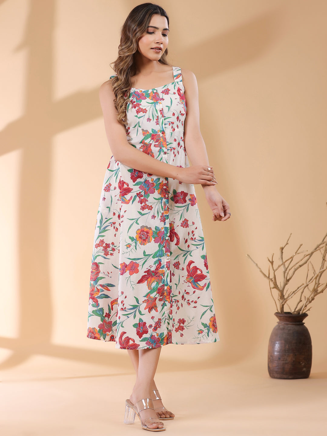 Janasya Light Cotton Floral A-Line Kurta