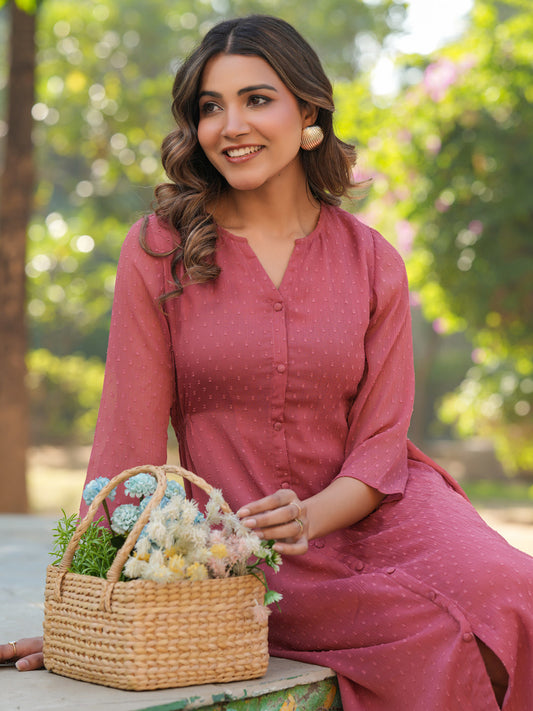 Janasya Light Dobby Chiffon Self Design A-Line Kurta