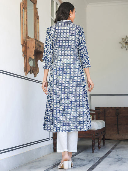Janasya Dark Cotton Yoke Embroidery A-Line Kurta