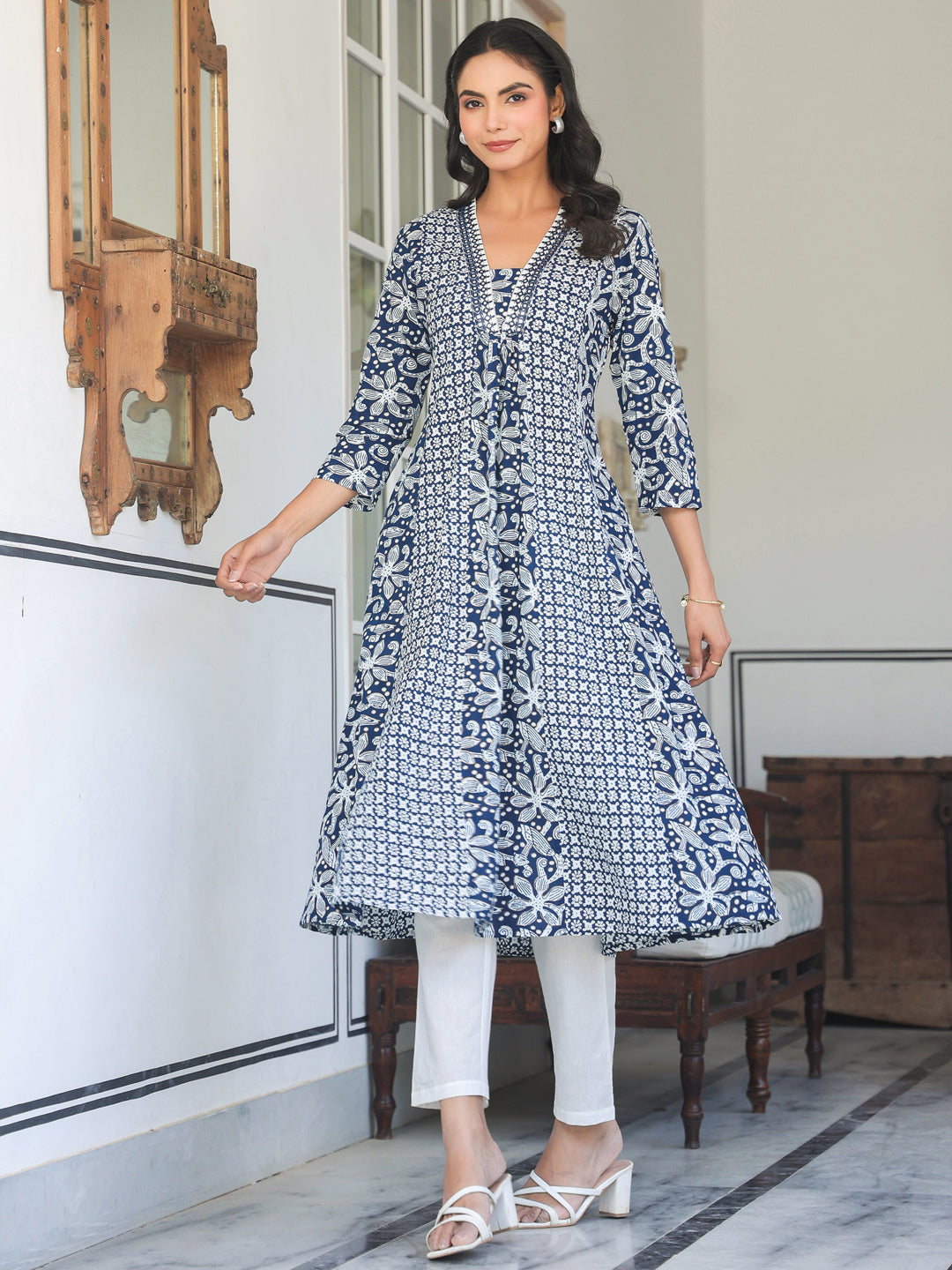 Janasya Dark Cotton Yoke Embroidery A-Line Kurta