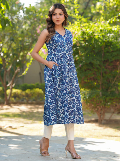 Janasya Dark Cotton Floral A-Line Kurta