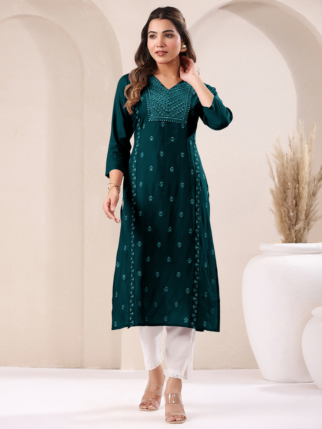 Janasya Dark Rayon Embroidered Straight Kurta