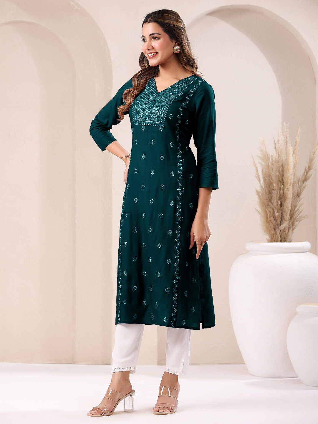 Janasya Dark Rayon Embroidered Straight Kurta