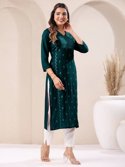 Janasya Dark Rayon Embroidered Straight Kurta