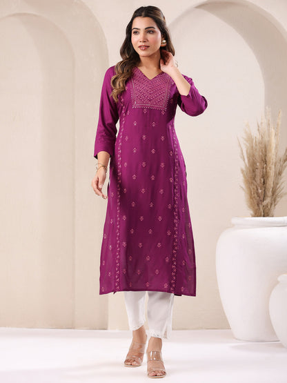 Janasya Dark Rayon Embroidered Straight Kurta