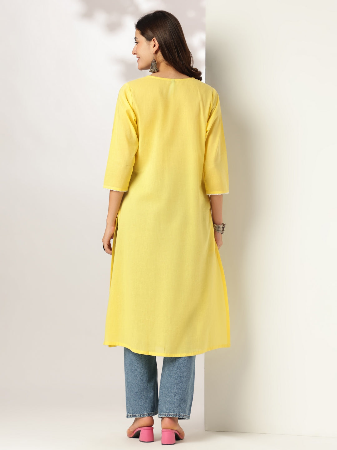 Janasya Light Cotton Yoke Embroidery A-Line Kurta