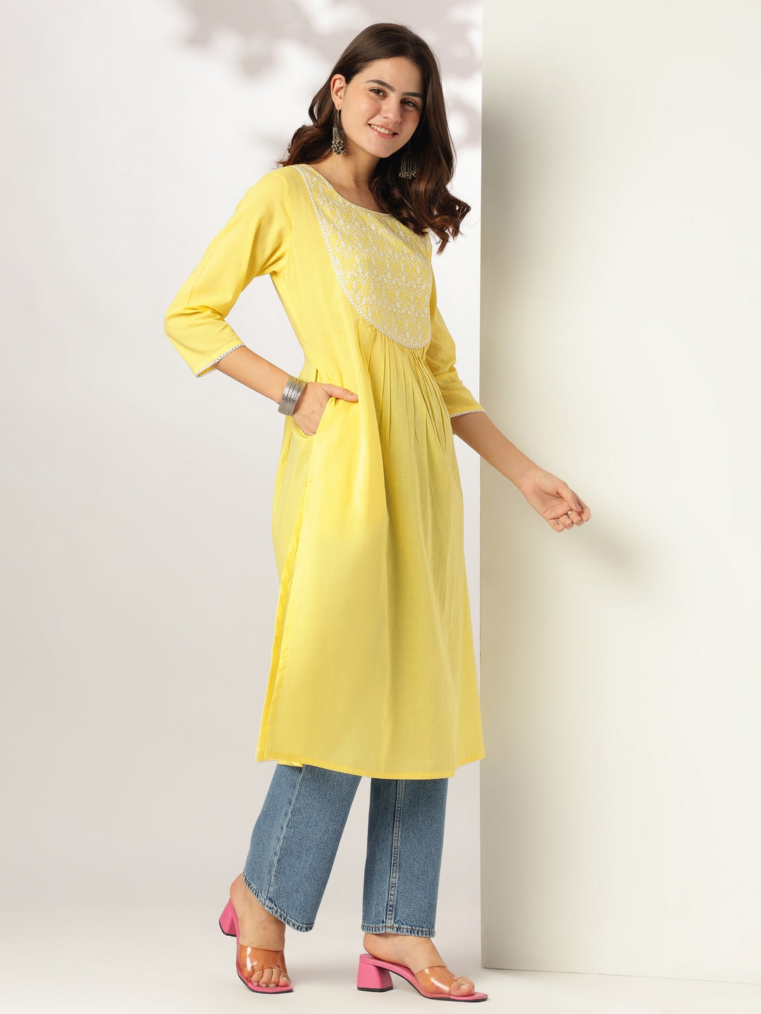 Janasya Light Cotton Yoke Embroidery A-Line Kurta