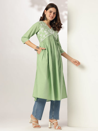 Janasya Light Cotton Yoke Embroidery A-Line Kurta