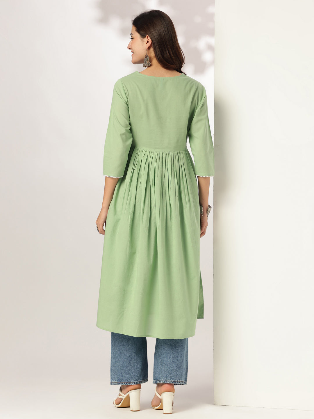 Janasya Light Cotton Yoke Embroidery A-Line Kurta