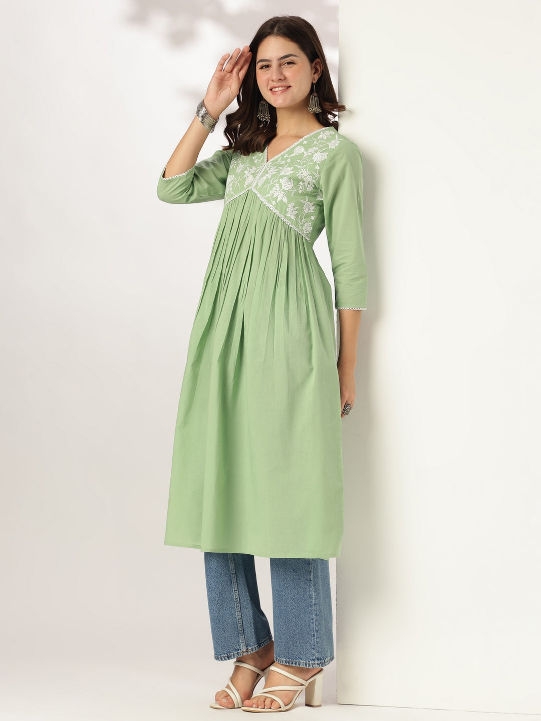 Janasya Light Cotton Yoke Embroidery A-Line Kurta