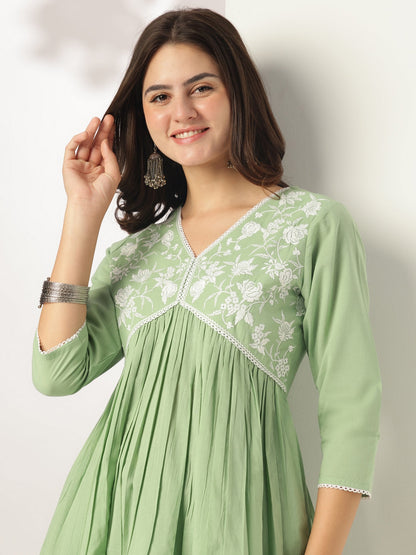 Janasya Light Cotton Yoke Embroidery A-Line Kurta
