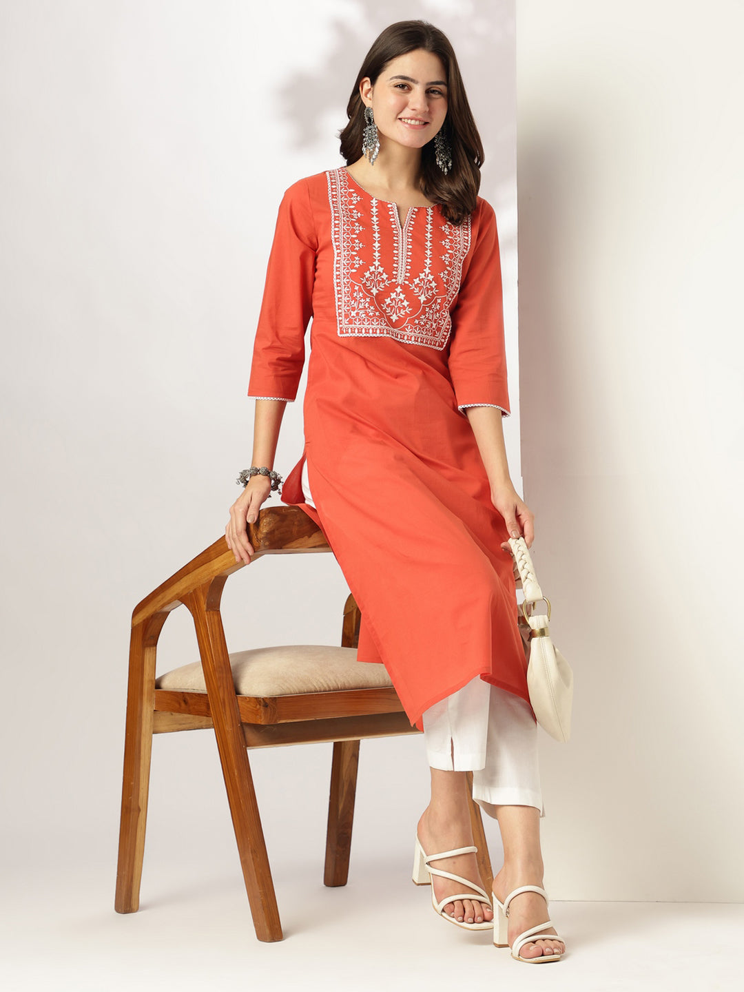 Janasya Dark Cotton Yoke Embroidery Straight Kurta