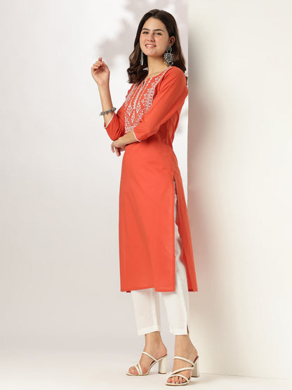 Janasya Dark Cotton Yoke Embroidery Straight Kurta
