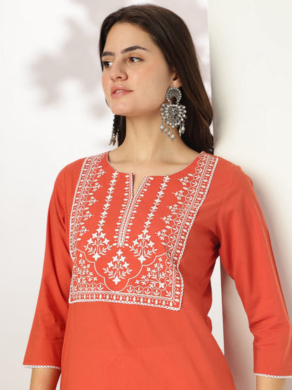 Janasya Dark Cotton Yoke Embroidery Straight Kurta