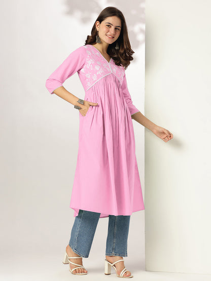 Janasya Light Cotton Yoke Embroidery A-Line Kurta