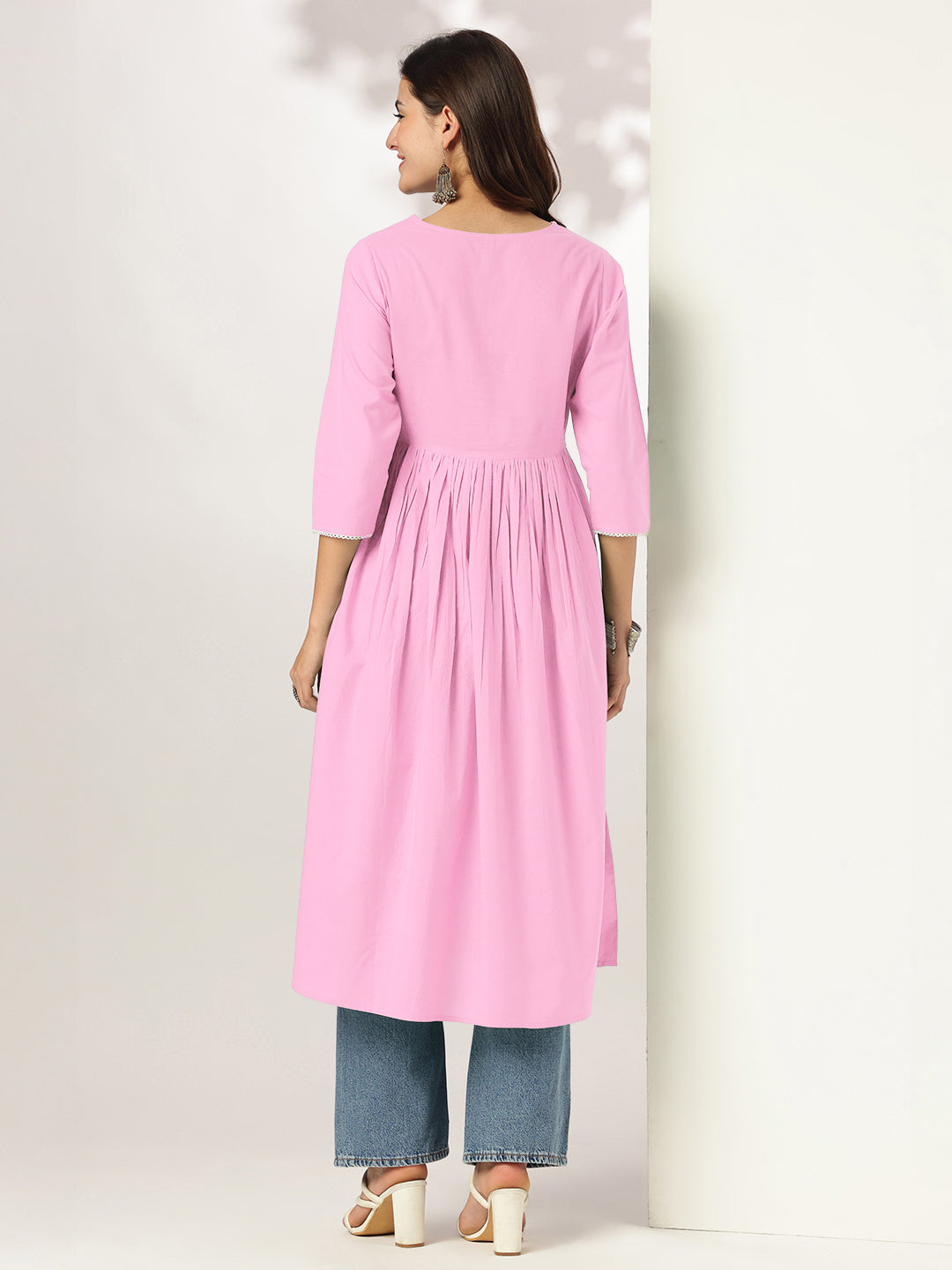 Janasya Light Cotton Yoke Embroidery A-Line Kurta