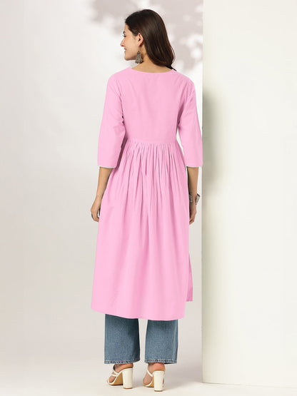 Janasya Light Cotton Yoke Embroidery A-Line Kurta