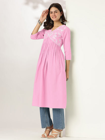 Janasya Light Cotton Yoke Embroidery A-Line Kurta