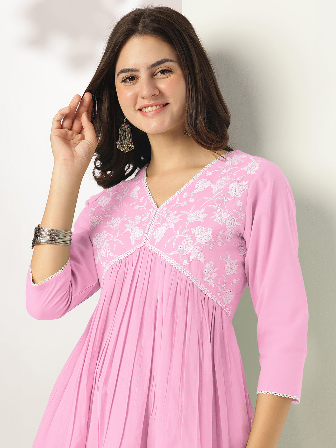 Janasya Light Cotton Yoke Embroidery A-Line Kurta