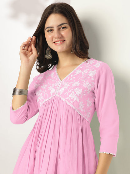 Janasya Light Cotton Yoke Embroidery A-Line Kurta