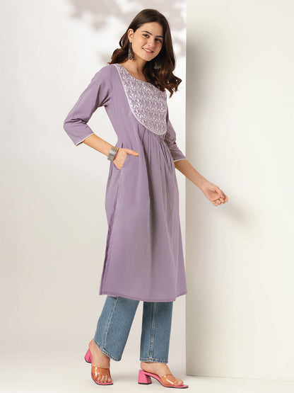 Janasya Light Cotton Yoke Embroidery Straight Kurta