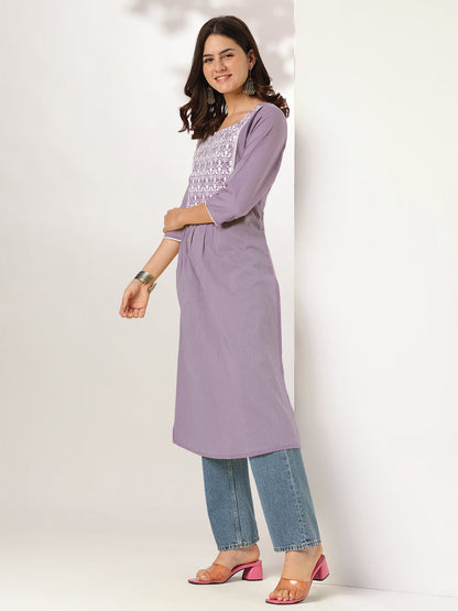 Janasya Light Cotton Yoke Embroidery Straight Kurta