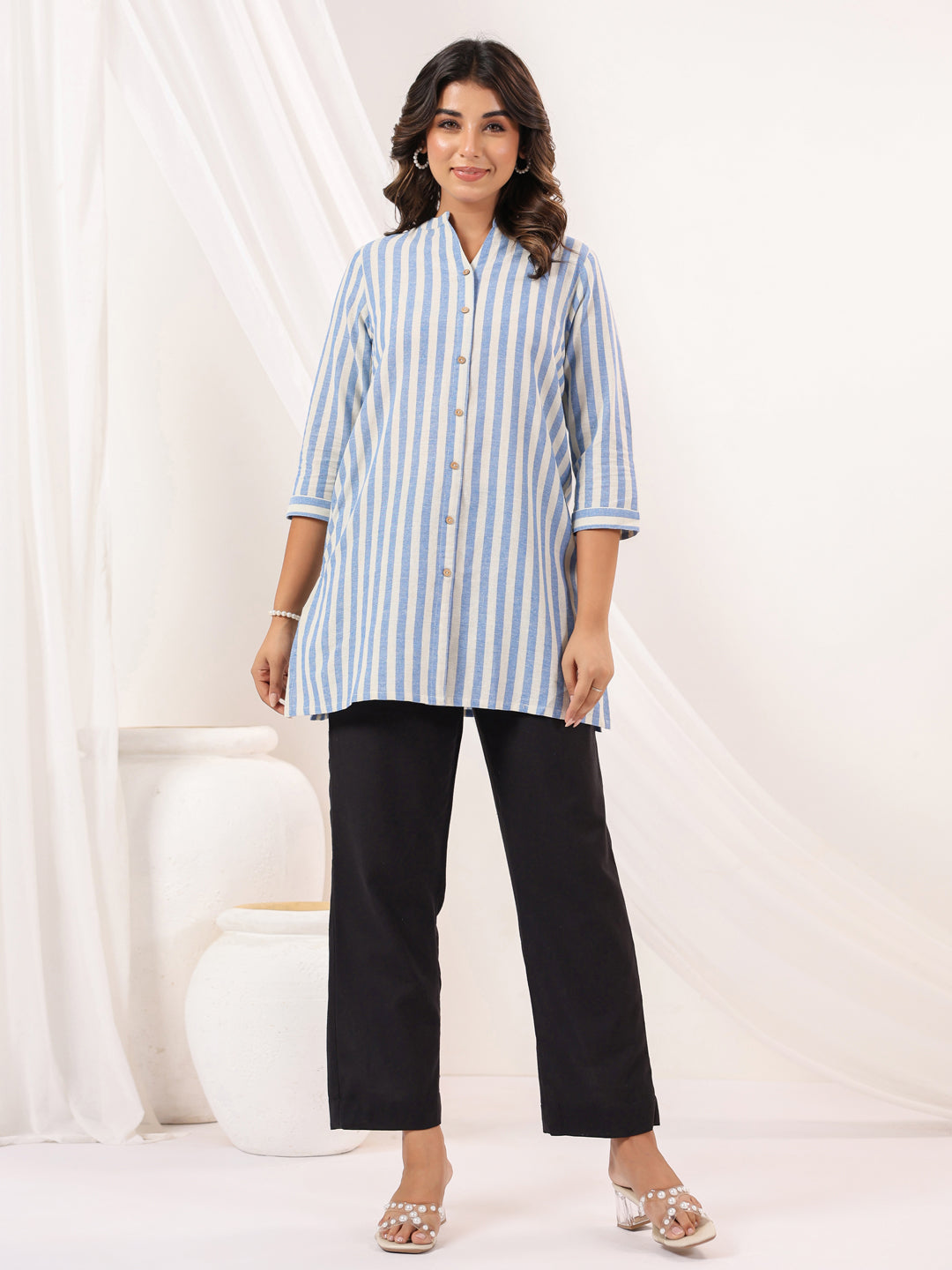 Janasya Light Cotton Striped Straight Kurta
