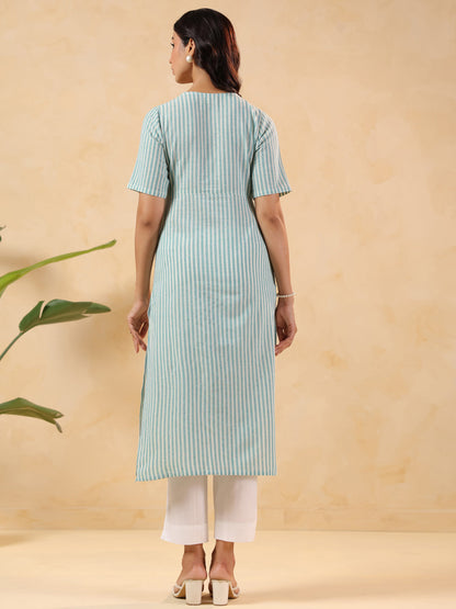 Janasya Light Cotton Striped Straight Kurta