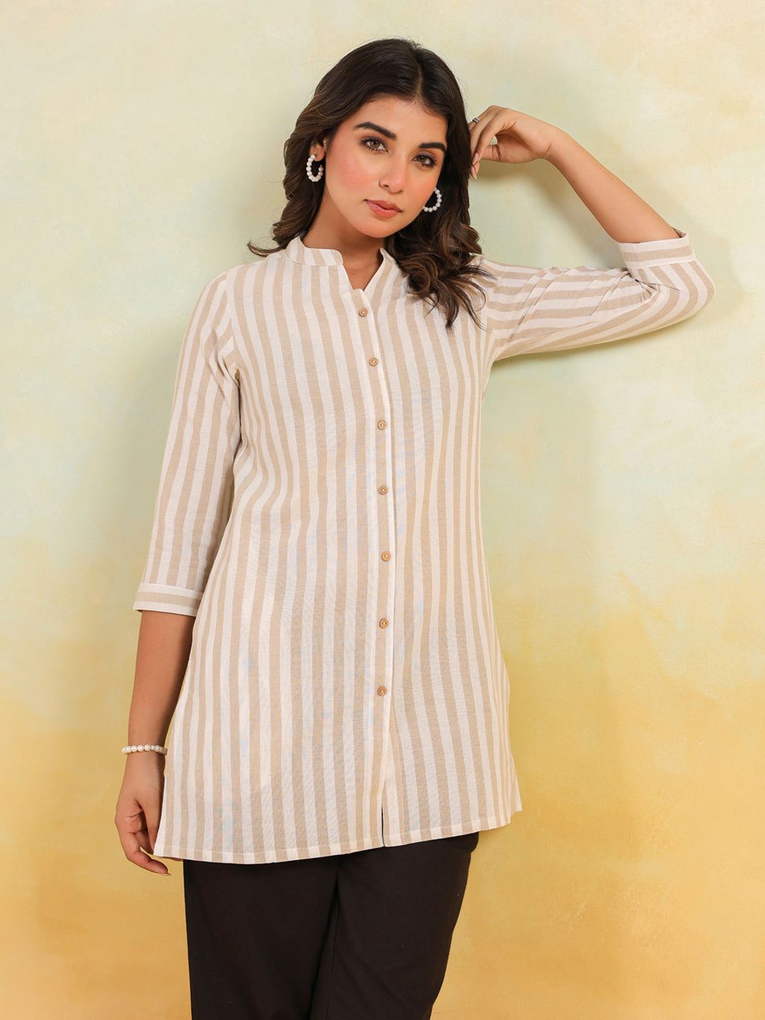 Janasya Light Cotton Striped Straight Kurta