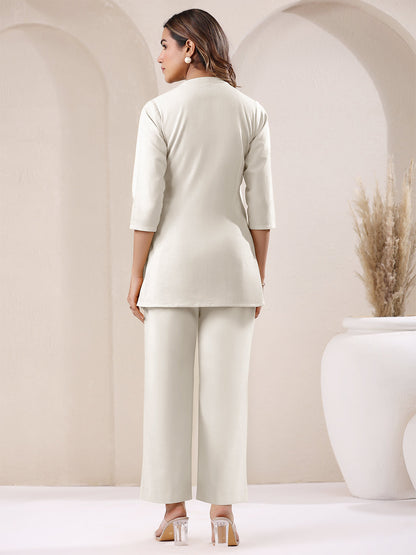 Janasya Off White Cotton Solid Pant