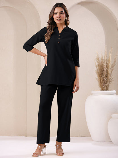 Janasya Black Cotton Solid Pant