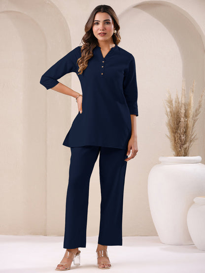Janasya Navy Blue Cotton Solid Pant