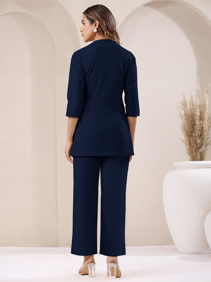 Janasya Navy Blue Cotton Solid Pant
