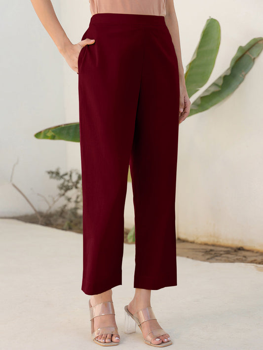 Janasya Maroon Cotton Solid Pant