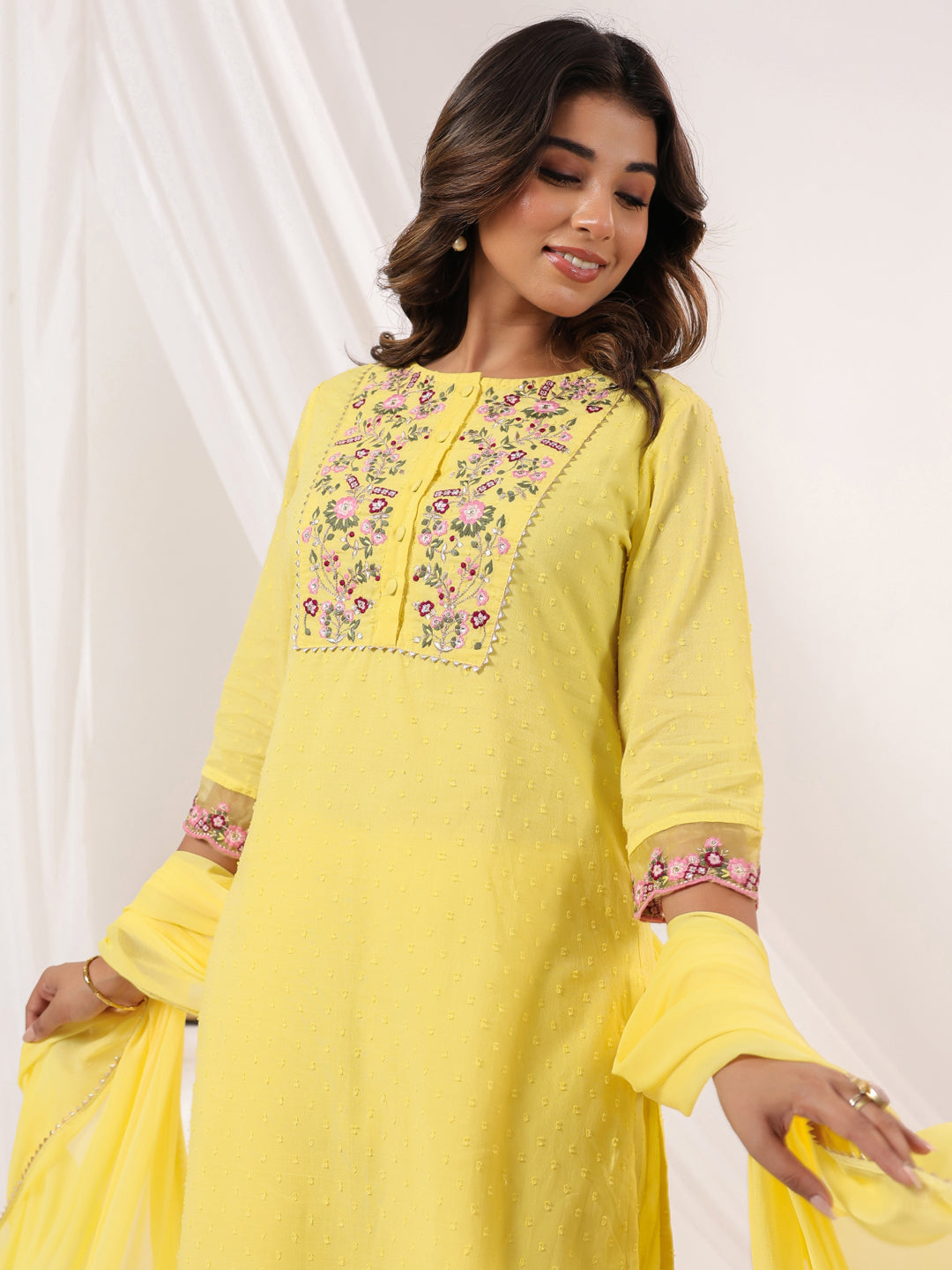 Janasya Light Dobby Cotton Embroidered Straight Kurta Set